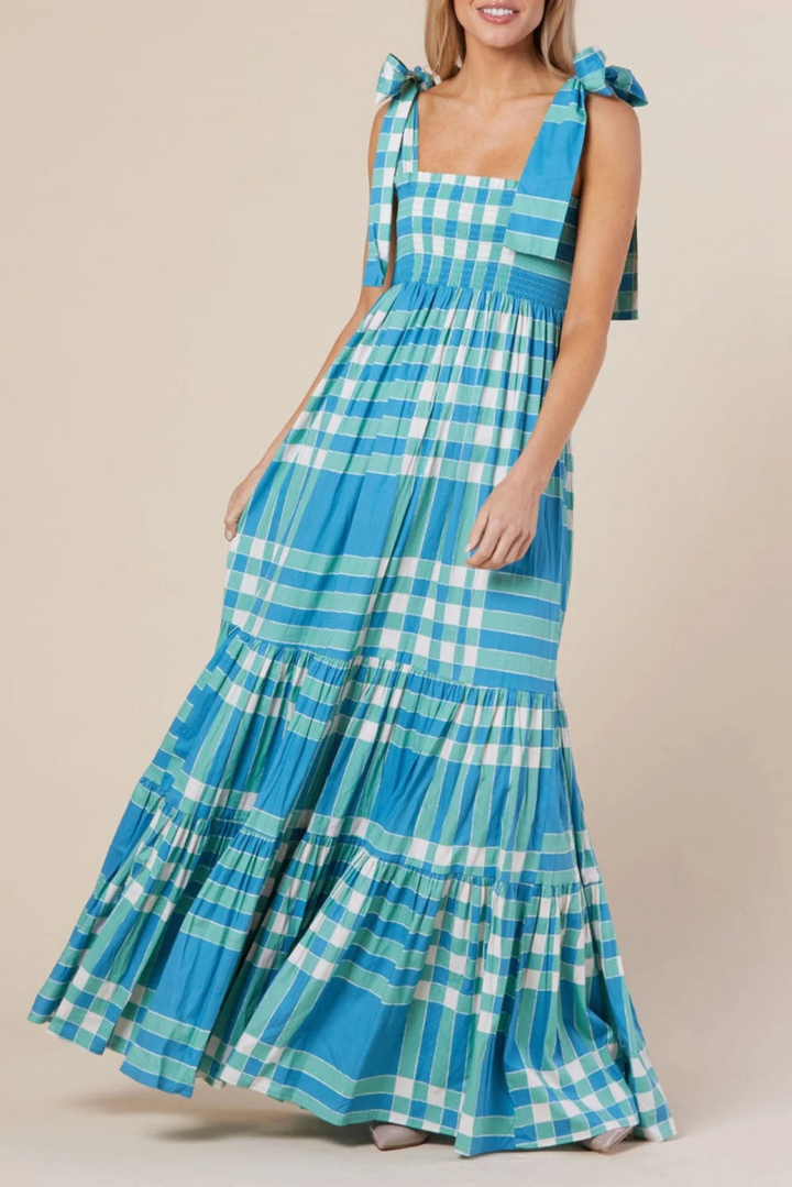 Naomi - Boho Gingham Smocked Maxi Dress with Tied Straps