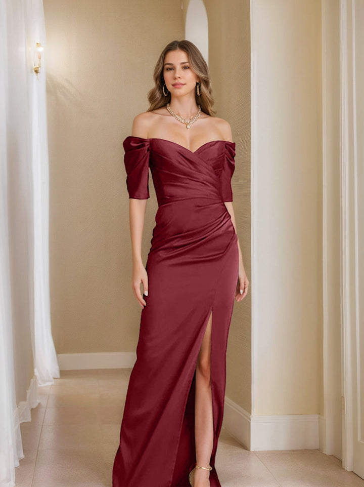 Sheath/Column Off-the-Shoulder Short Sleeves Mother of the Bride Dresses With Split Front