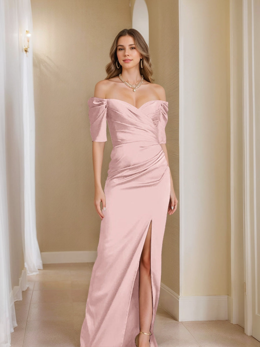 Sheath/Column Off-the-Shoulder Short Sleeves Mother of the Bride Dresses With Split Front