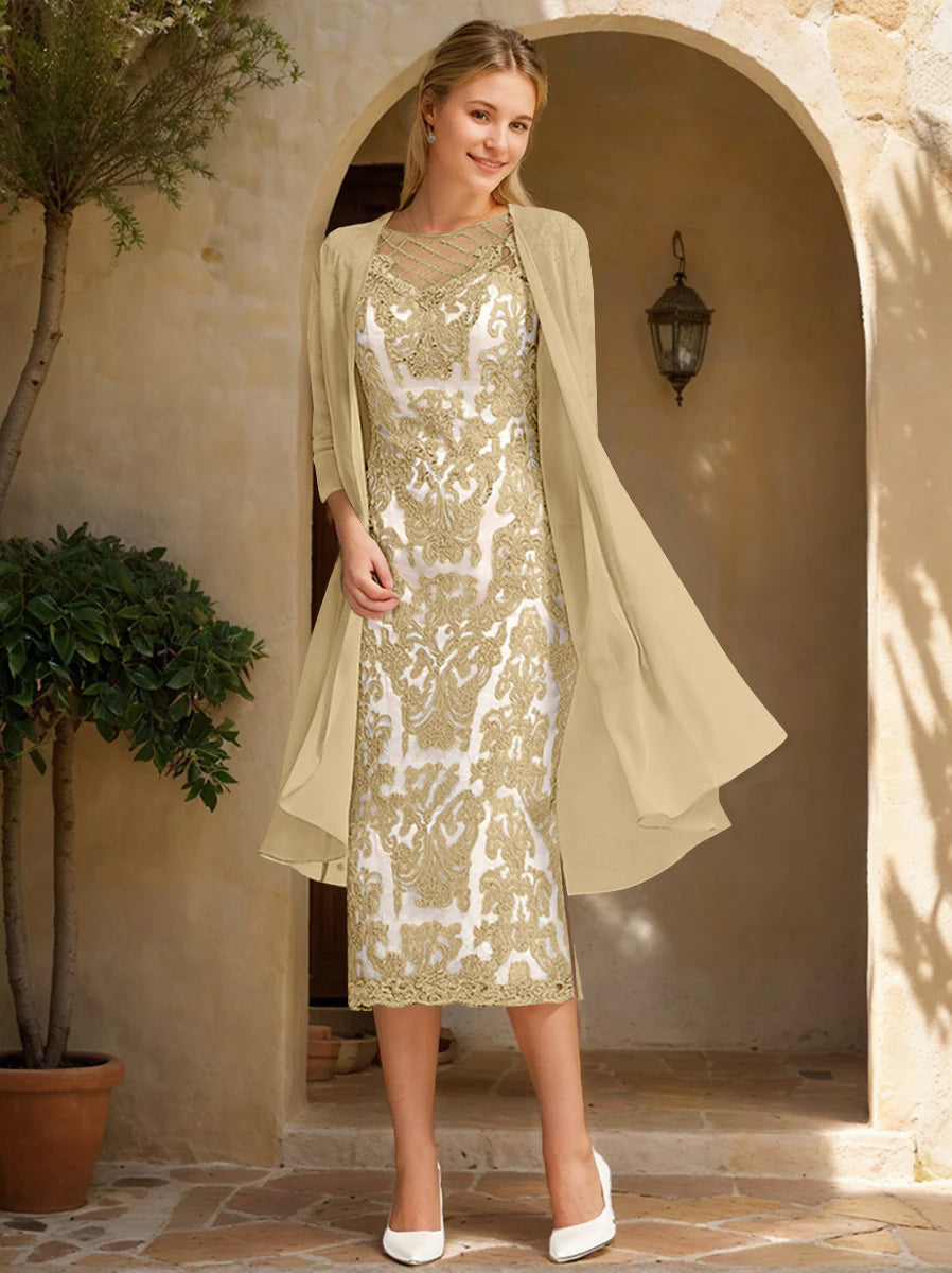 Two Pieces Sheath/Column Jewel Neck Mother of the Bride & Groom Dresses with Lace Appliques & Beadings