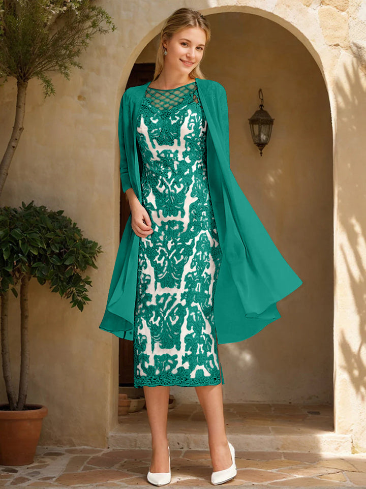 Two Pieces Sheath/Column Jewel Neck Mother of the Bride & Groom Dresses with Lace Appliques & Beadings