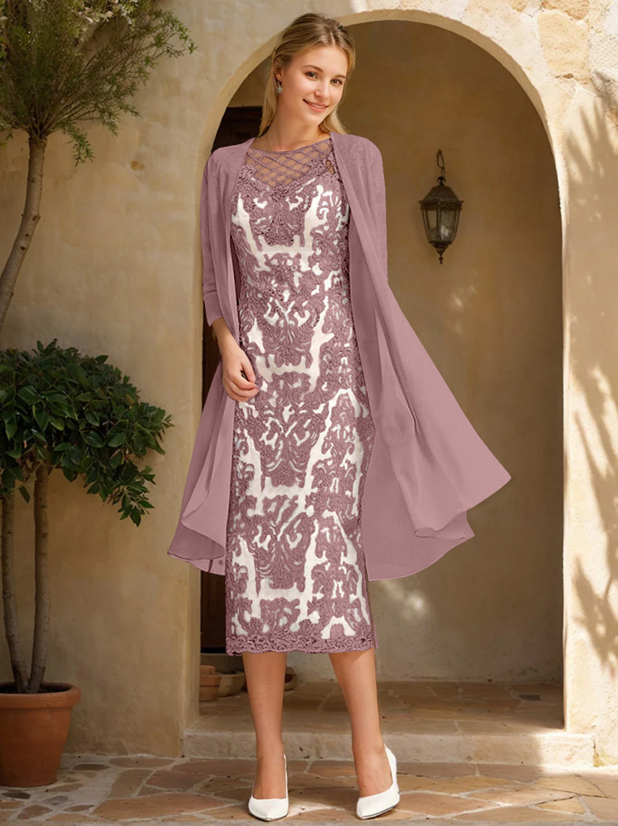 Two Pieces Sheath/Column Jewel Neck Mother of the Bride & Groom Dresses with Lace Appliques & Beadings