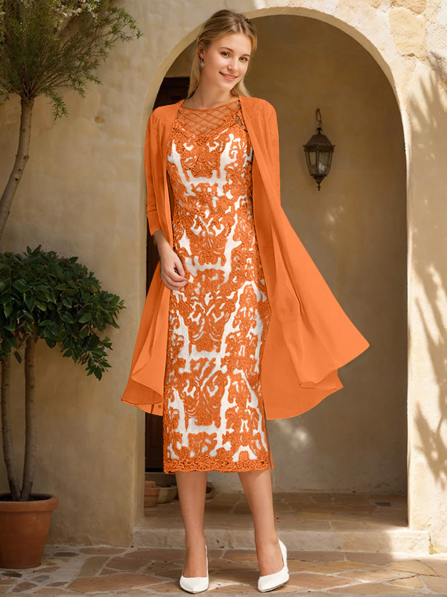 Two Pieces Sheath/Column Jewel Neck Mother of the Bride & Groom Dresses with Lace Appliques & Beadings