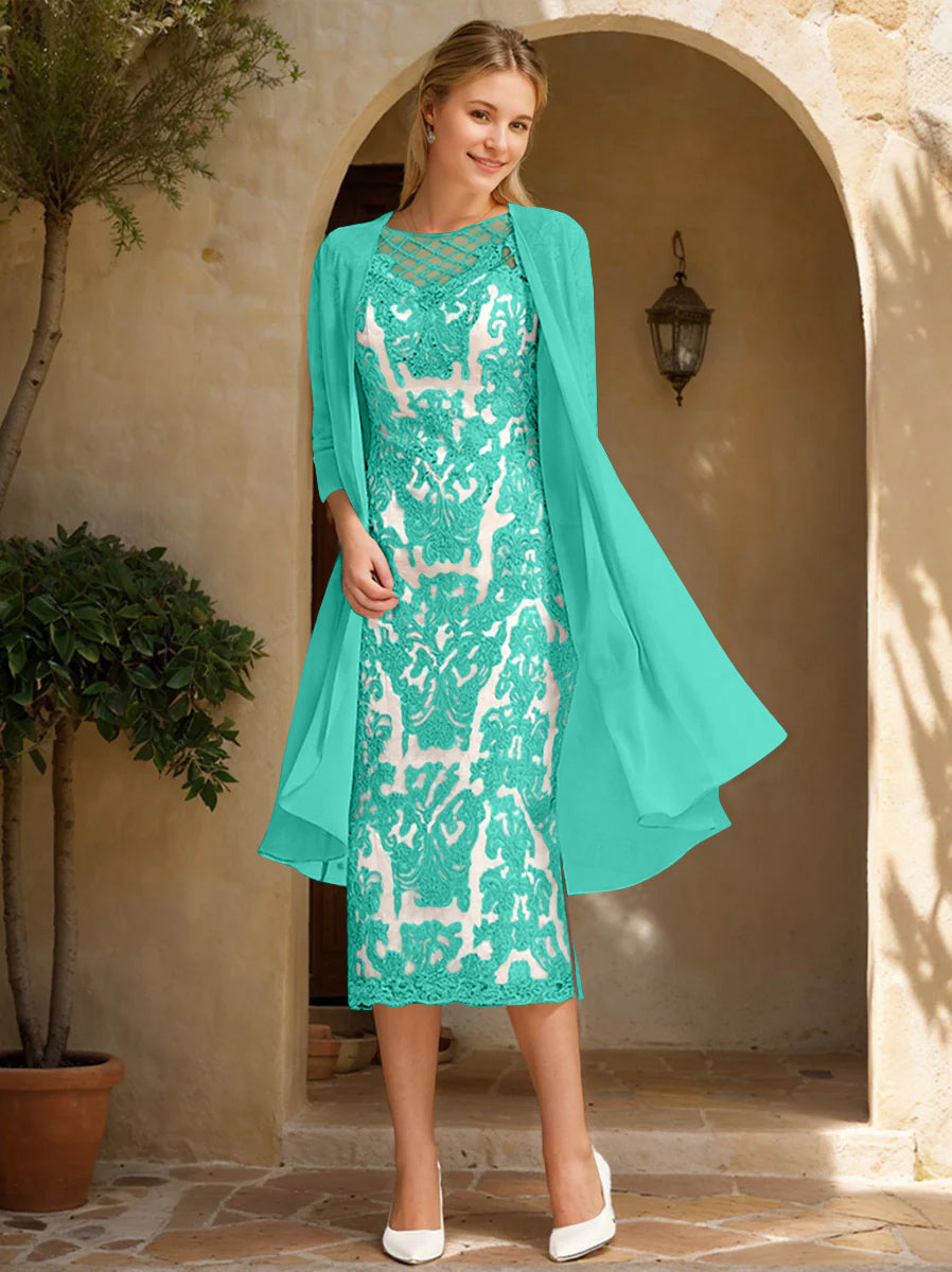 Two Pieces Sheath/Column Jewel Neck Mother of the Bride & Groom Dresses with Lace Appliques & Beadings