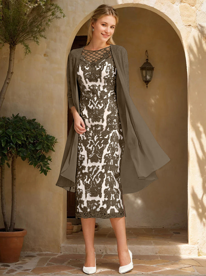 Two Pieces Sheath/Column Jewel Neck Mother of the Bride & Groom Dresses with Lace Appliques & Beadings