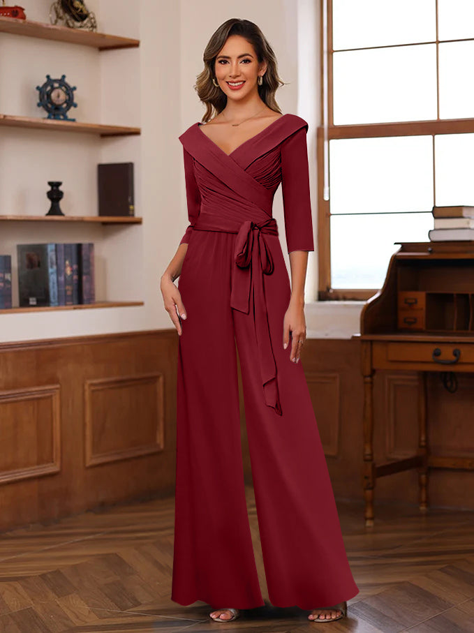 Ruched Chiffon V-Neck 3/4 Sleeves Mother of the Jumpsuit