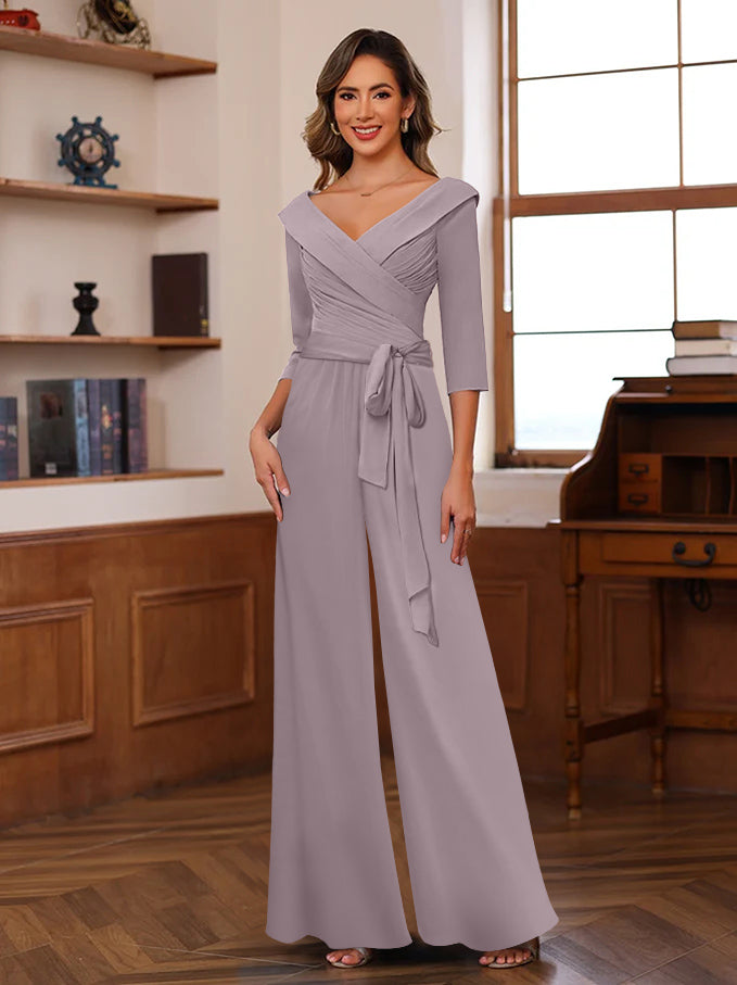 Ruched Chiffon V-Neck 3/4 Sleeves Mother of the Jumpsuit