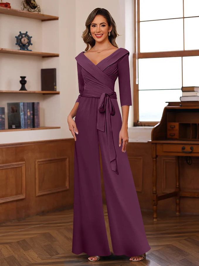 Ruched Chiffon V-Neck 3/4 Sleeves Mother of the Jumpsuit