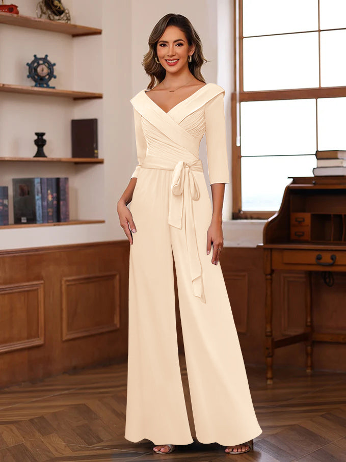 Ruched Chiffon V-Neck 3/4 Sleeves Mother of the Jumpsuit