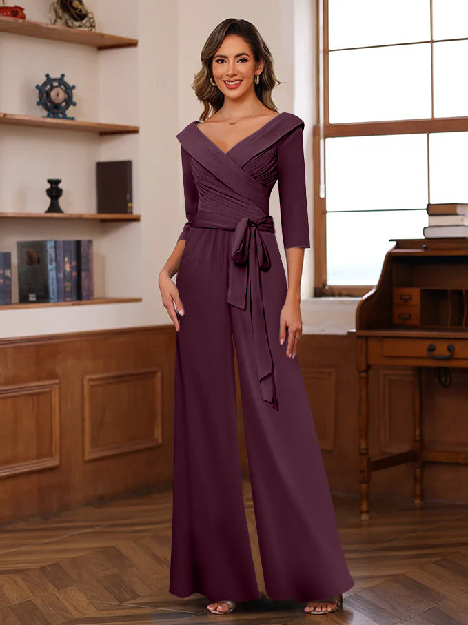Ruched Chiffon V-Neck 3/4 Sleeves Mother of the Jumpsuit