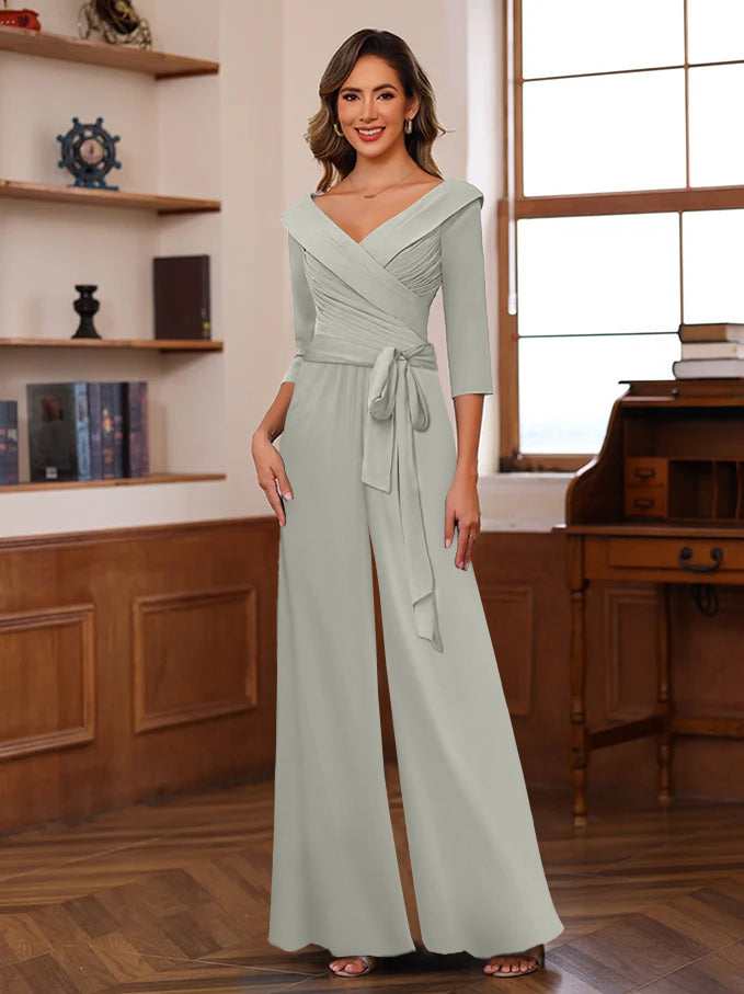 Ruched Chiffon V-Neck 3/4 Sleeves Mother of the Jumpsuit