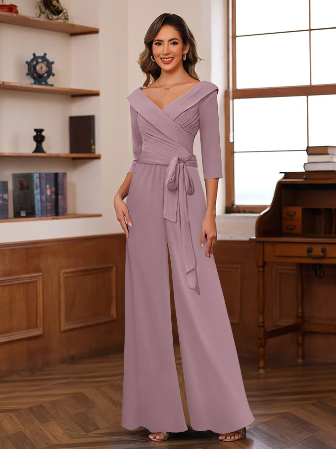 Ruched Chiffon V-Neck 3/4 Sleeves Mother of the Jumpsuit