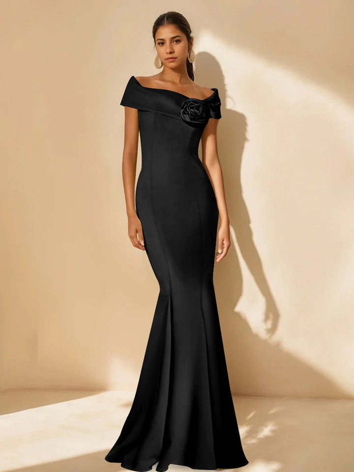 Trumpet/Mermaid Off-the-Shoulder Minimalist Mother of the Bride Dresses with Detachable Flower