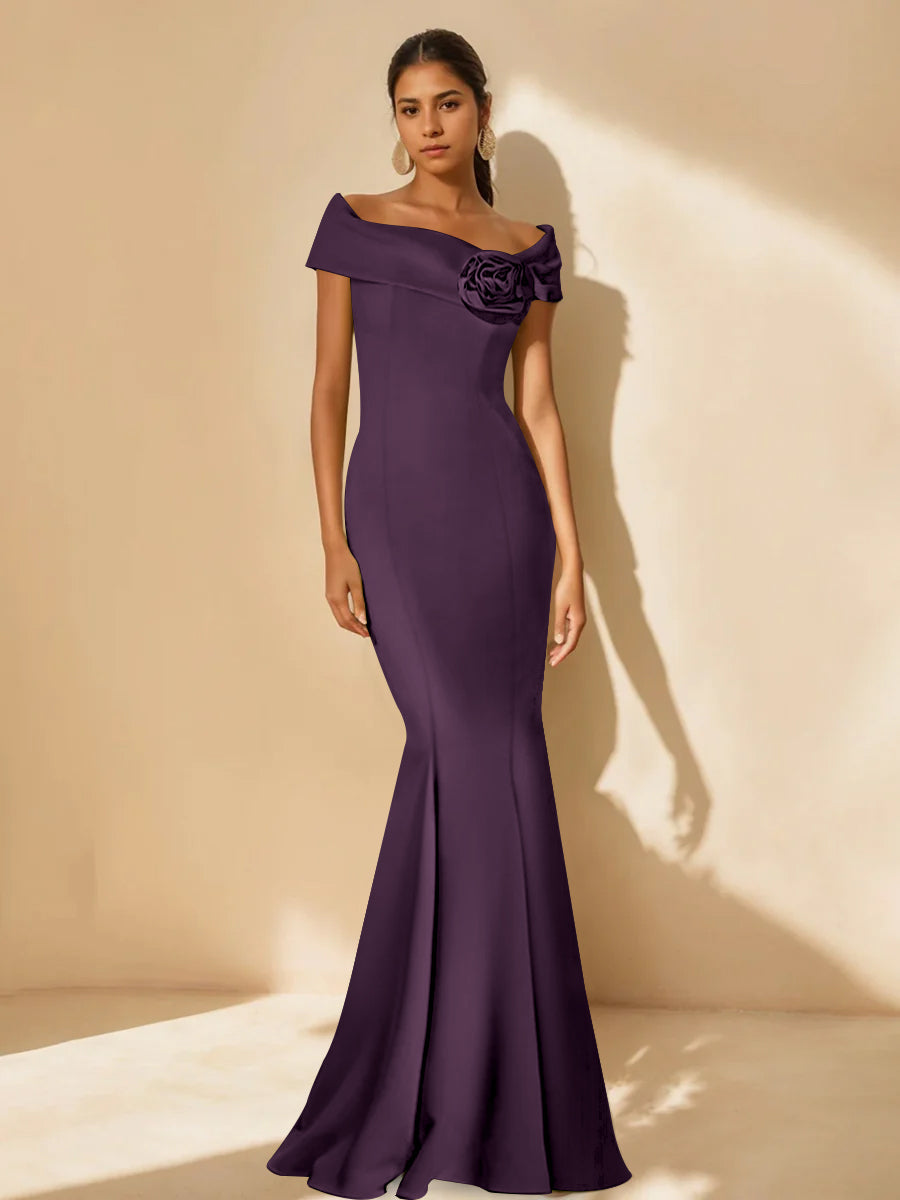 Trumpet/Mermaid Off-the-Shoulder Minimalist Mother of the Bride Dresses with Detachable Flower