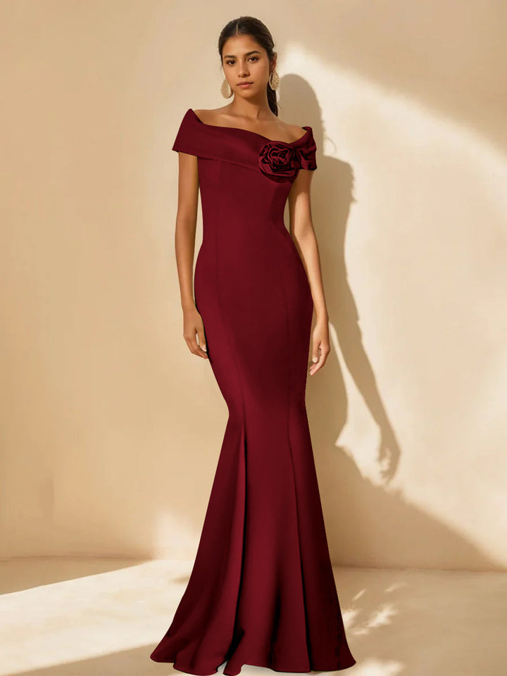 Trumpet/Mermaid Off-the-Shoulder Minimalist Mother of the Bride Dresses with Detachable Flower