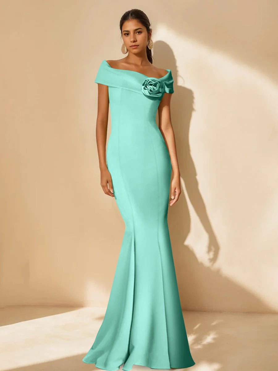 Trumpet/Mermaid Off-the-Shoulder Minimalist Mother of the Bride Dresses with Detachable Flower