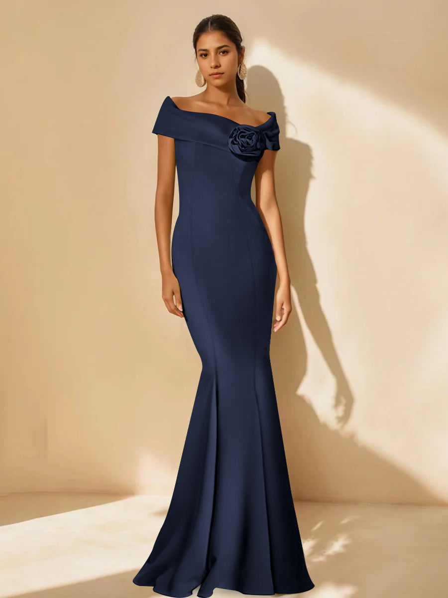 Trumpet/Mermaid Off-the-Shoulder Minimalist Mother of the Bride Dresses with Detachable Flower
