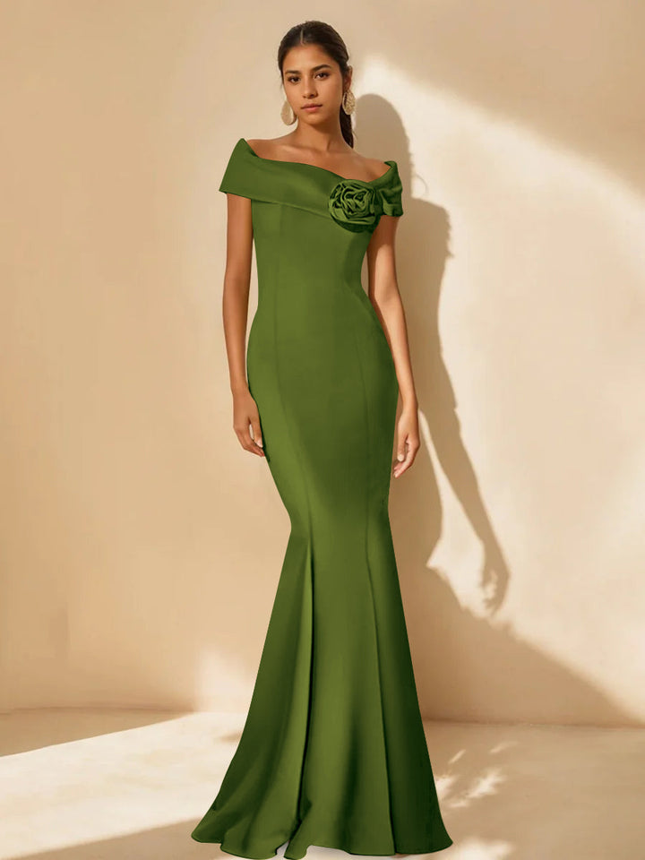 Trumpet/Mermaid Off-the-Shoulder Minimalist Mother of the Bride Dresses with Detachable Flower