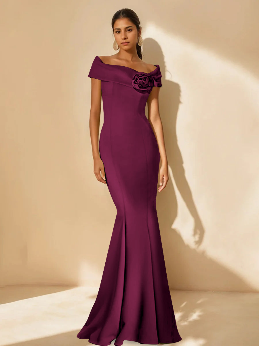 Trumpet/Mermaid Off-the-Shoulder Minimalist Mother of the Bride Dresses with Detachable Flower