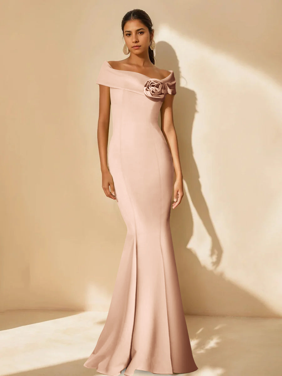Trumpet/Mermaid Off-the-Shoulder Minimalist Mother of the Bride Dresses with Detachable Flower