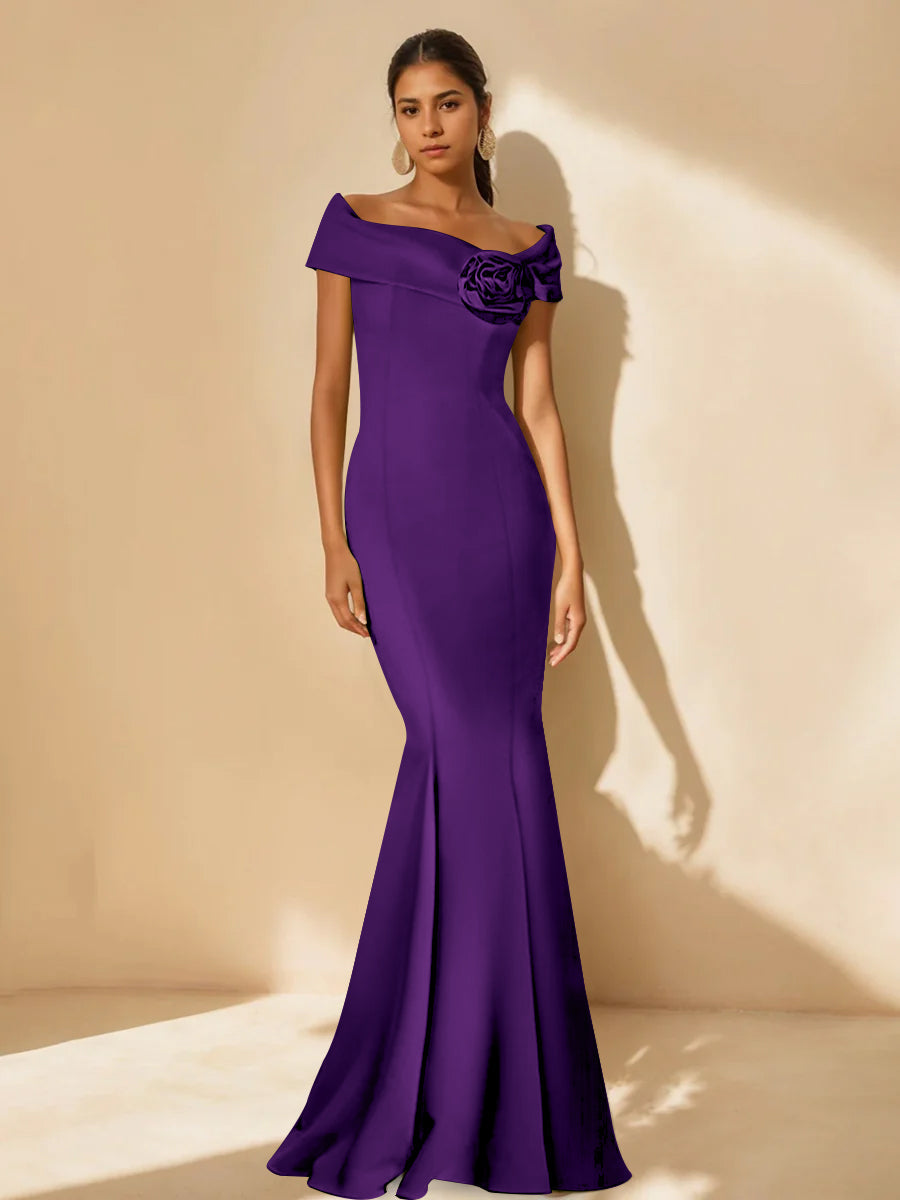 Trumpet/Mermaid Off-the-Shoulder Minimalist Mother of the Bride Dresses with Detachable Flower