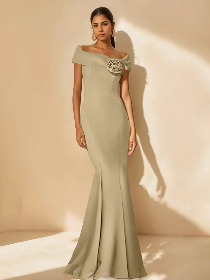 Trumpet/Mermaid Off-the-Shoulder Minimalist Mother of the Bride Dresses with Detachable Flower