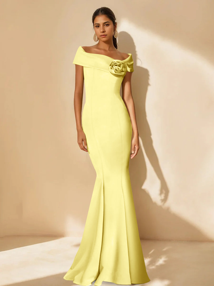 Trumpet/Mermaid Off-the-Shoulder Minimalist Mother of the Bride Dresses with Detachable Flower