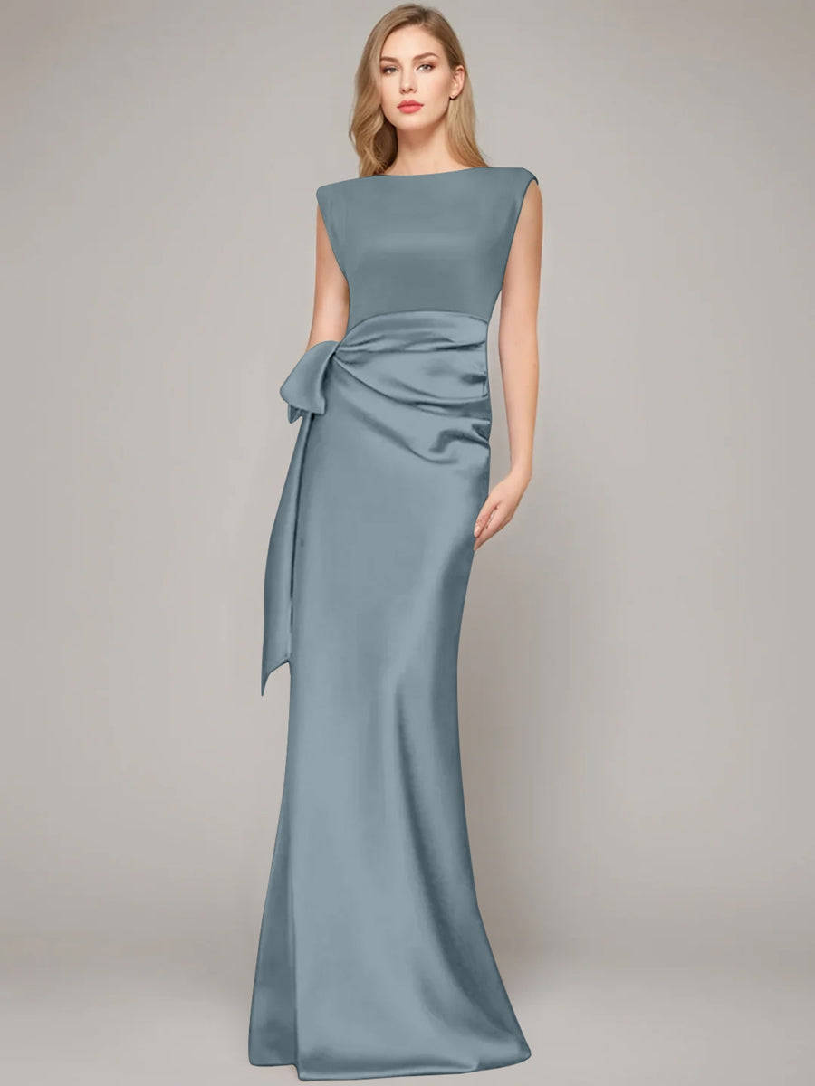 Sheath/Column Scoop Sleeveless Floor-Length Mother of the Bride Dresses with Bow & Shoulder Pad