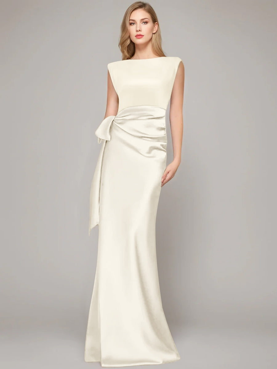 Sheath/Column Scoop Sleeveless Floor-Length Mother of the Bride Dresses with Bow & Shoulder Pad