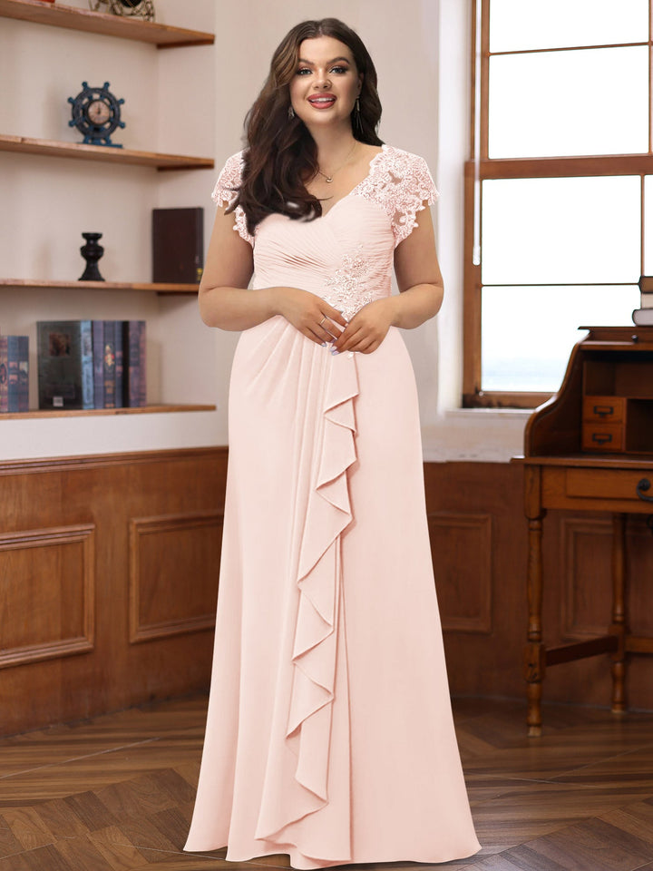 A-Line/Princess V-Neck Short Sleeves Pleated Mother of the Bride & Groom Dresses with Ruffles & Appliques