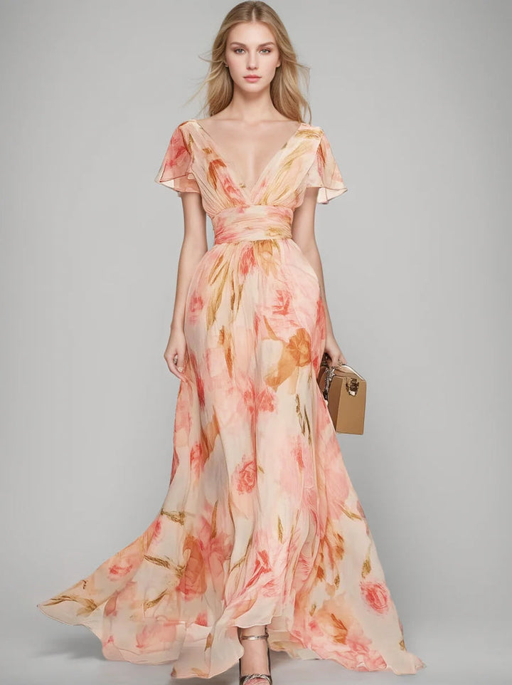 A-Line/Princess V-Neck Short Sleeves Printed Floral Mother of the Bride Dresses with Ruffles