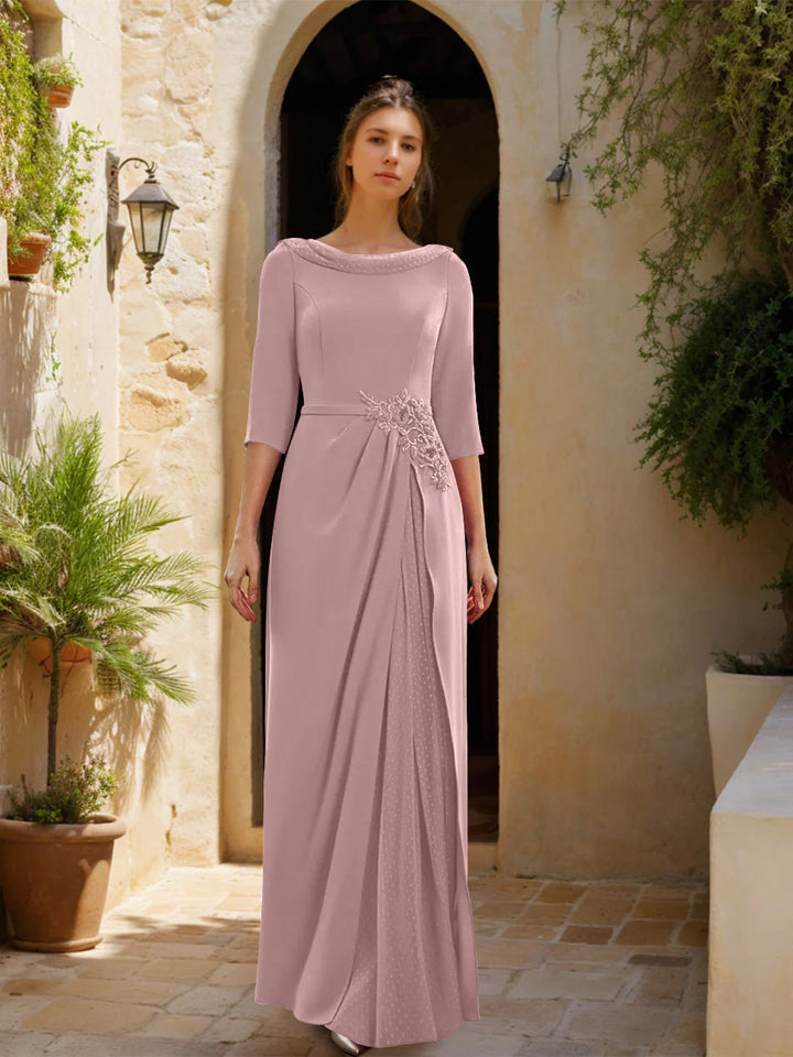 Sheath/Column Cowl Neck 3/4 Sleeves Floor-Length Mother of the Bride Dresses with Tulle & Sash & Slit & Jewel Appliques