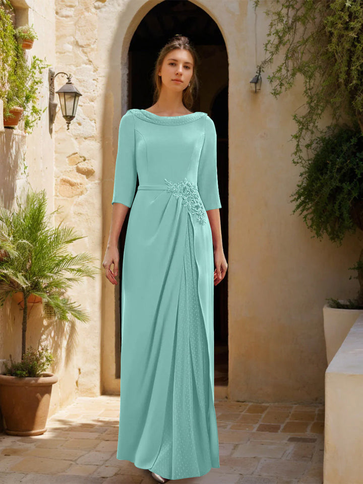 Sheath/Column Cowl Neck 3/4 Sleeves Floor-Length Mother of the Bride Dresses with Tulle & Sash & Slit & Jewel Appliques