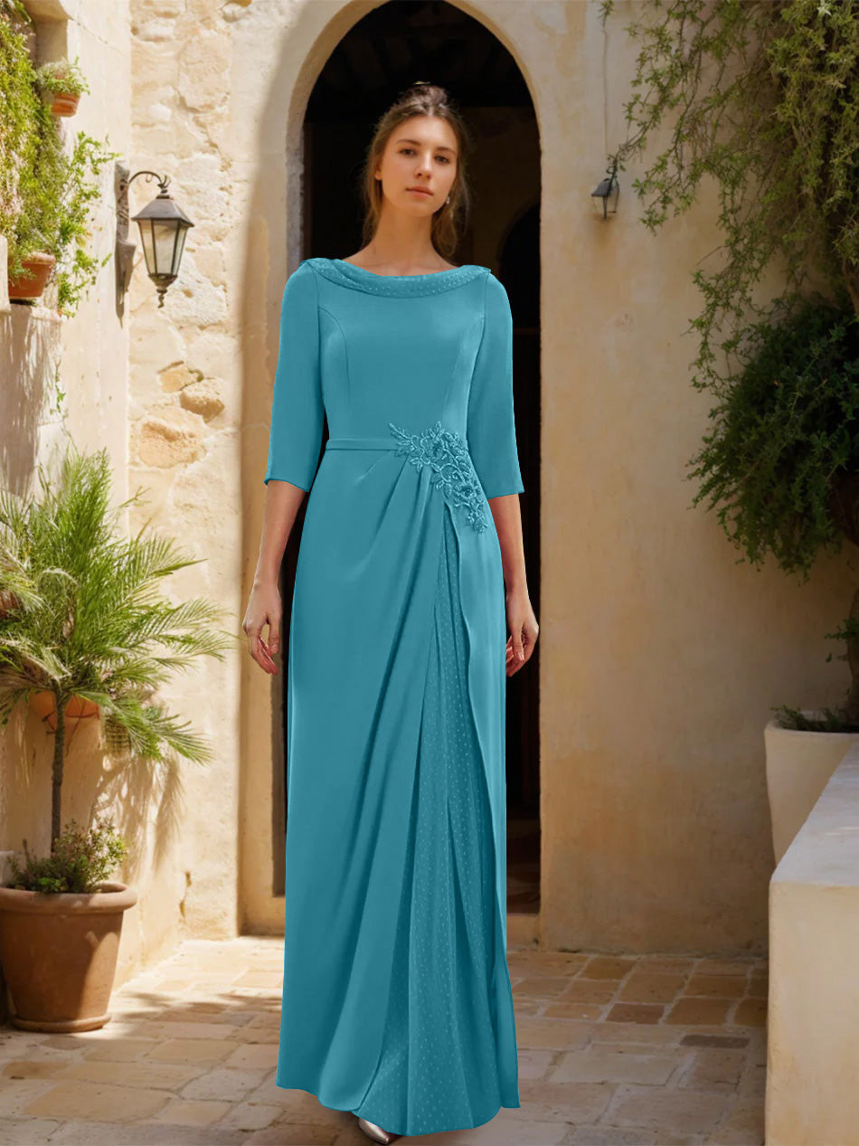 Sheath/Column Cowl Neck 3/4 Sleeves Floor-Length Mother of the Bride Dresses with Tulle & Sash & Slit & Jewel Appliques