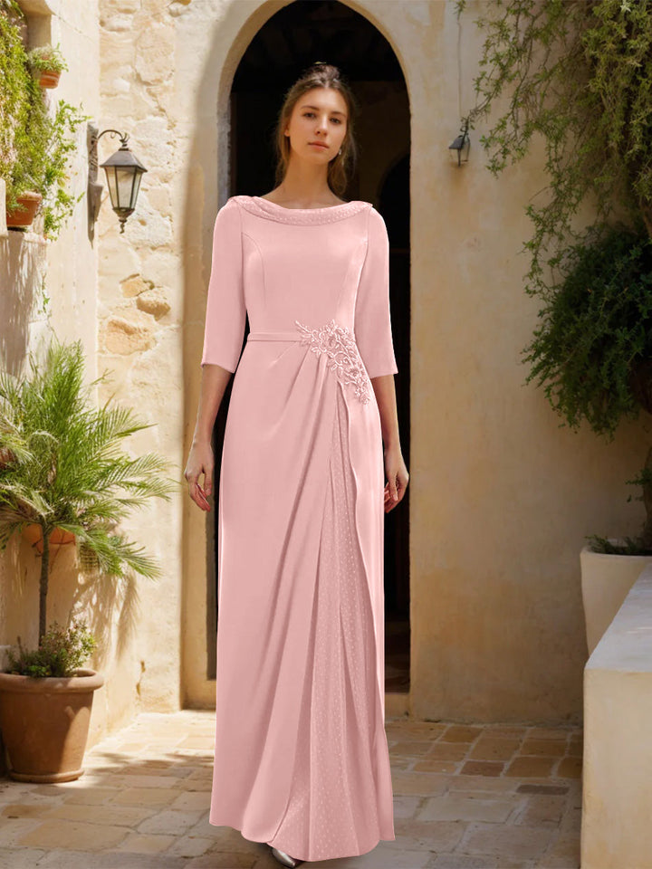 Sheath/Column Cowl Neck 3/4 Sleeves Floor-Length Mother of the Bride Dresses with Tulle & Sash & Slit & Jewel Appliques