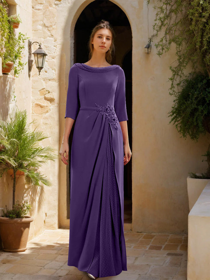 Sheath/Column Cowl Neck 3/4 Sleeves Floor-Length Mother of the Bride Dresses with Tulle & Sash & Slit & Jewel Appliques