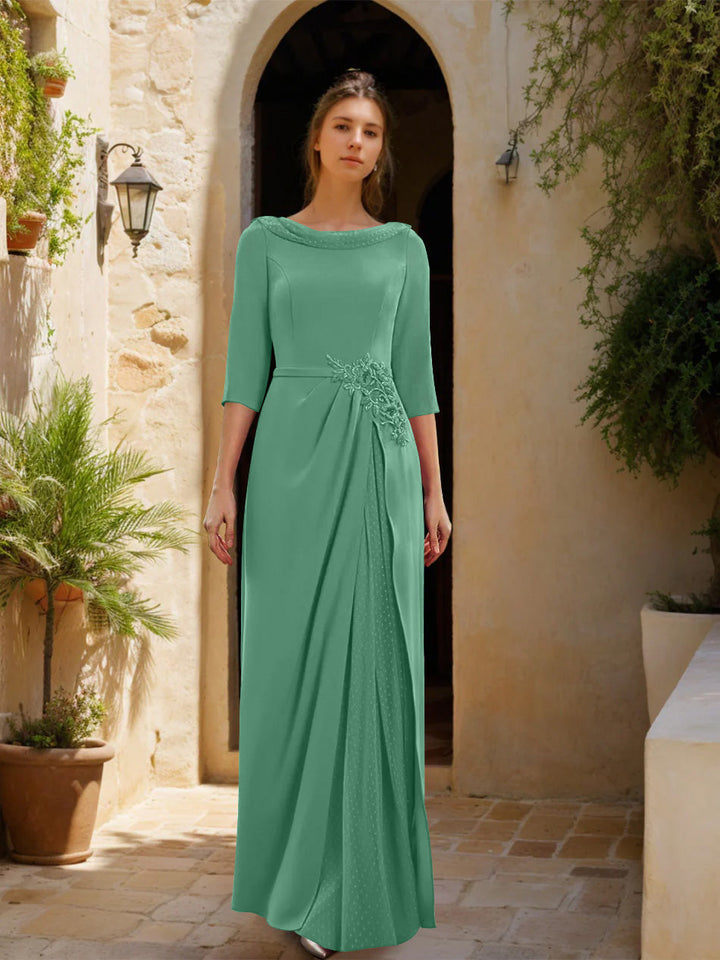 Sheath/Column Cowl Neck 3/4 Sleeves Floor-Length Mother of the Bride Dresses with Tulle & Sash & Slit & Jewel Appliques