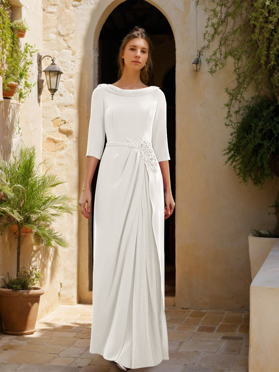 Sheath/Column Cowl Neck 3/4 Sleeves Floor-Length Mother of the Bride Dresses with Tulle & Sash & Slit & Jewel Appliques