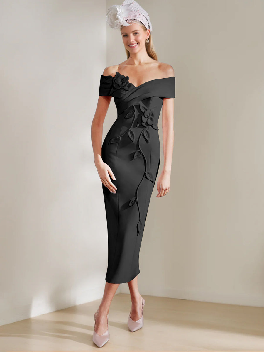 Sheath/Column Off-the-shoulder Tea-Length Mother of the Bride Dresses with 3D Flowers
