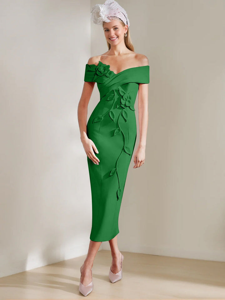 Sheath/Column Off-the-shoulder Tea-Length Mother of the Bride Dresses with 3D Flowers