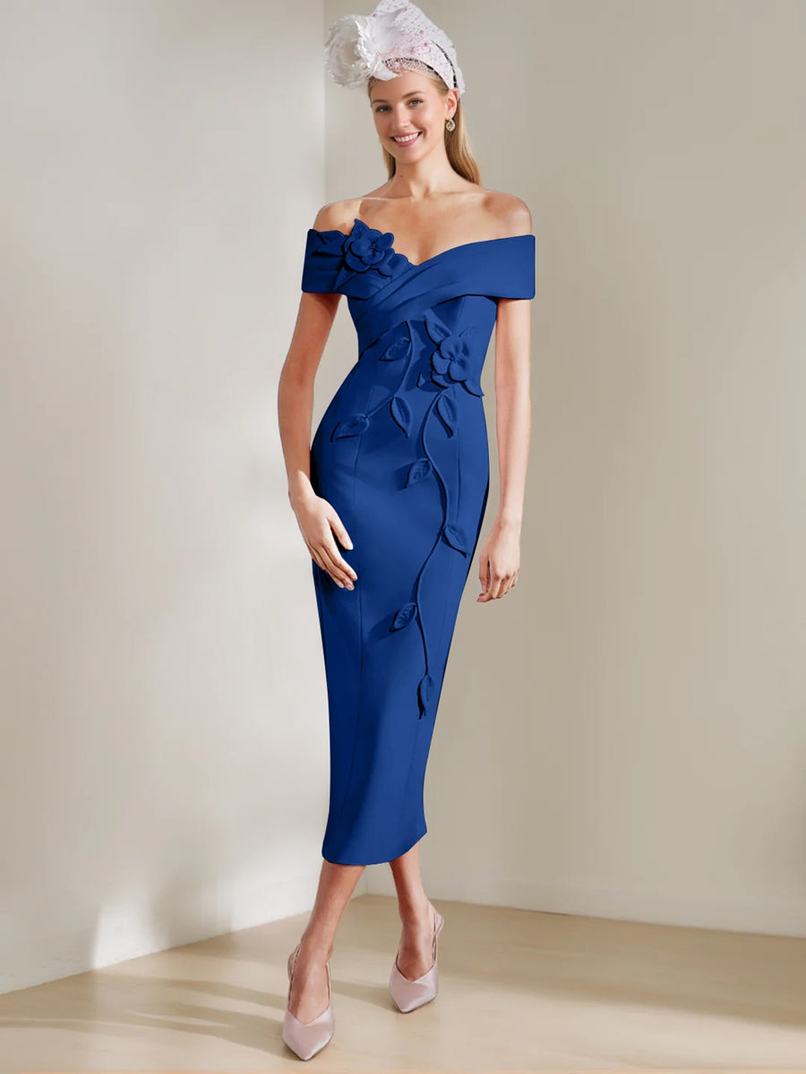 Sheath/Column Off-the-shoulder Tea-Length Mother of the Bride Dresses with 3D Flowers