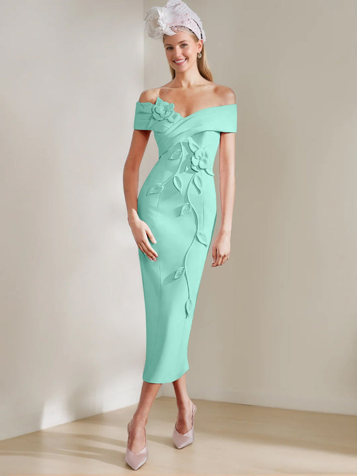 Sheath/Column Off-the-shoulder Tea-Length Mother of the Bride Dresses with 3D Flowers