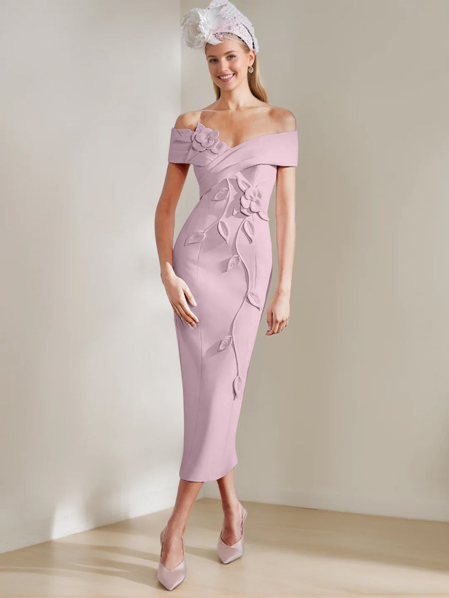Sheath/Column Off-the-shoulder Tea-Length Mother of the Bride Dresses with 3D Flowers