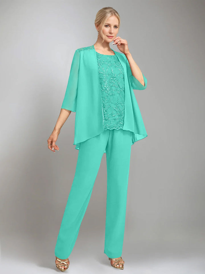 3 Pieces Scoop Sleeveless Floor-Length Mother of the Bride Pantsuits with Jacket