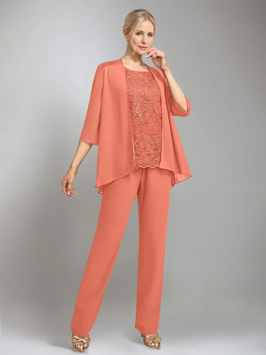 3 Pieces Scoop Sleeveless Floor-Length Mother of the Bride Pantsuits with Jacket