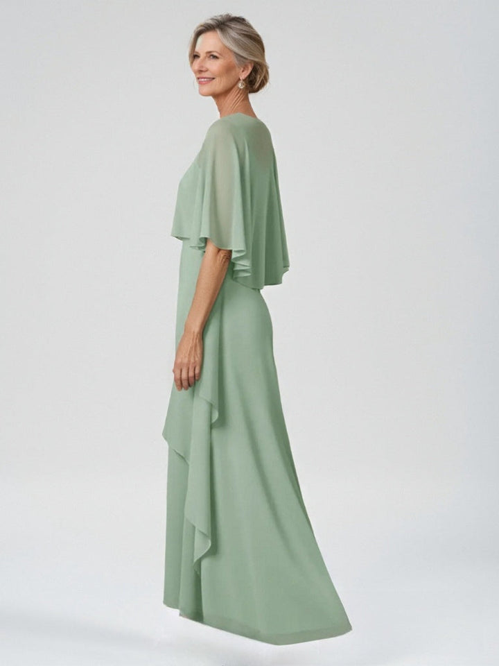 A-Line/Princess Scoop Half Sleeves Floor-Length Chiffon Mother of the Bride Dresses