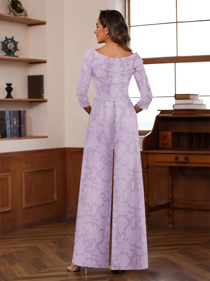 Ruched Rose Lace Applique V-Neck 3/4 Sleeves Mother of the Jumpsuit