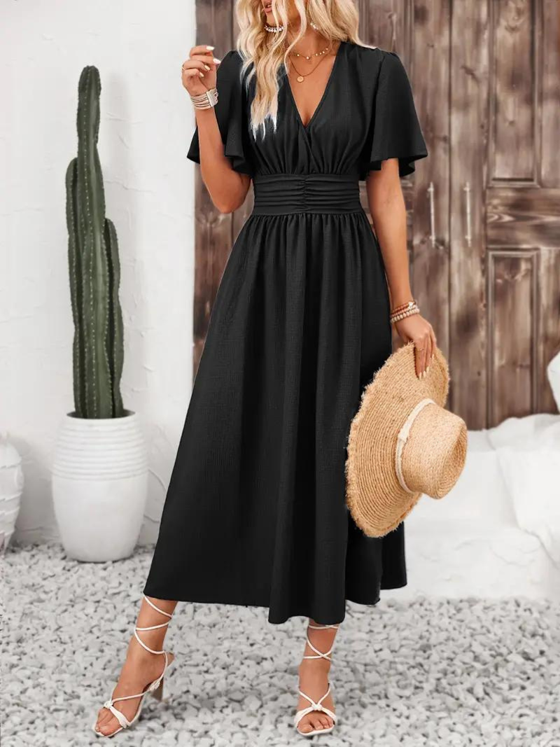 Arielle - Long Dress Short Sleeve V-Neck Maxi Sundress