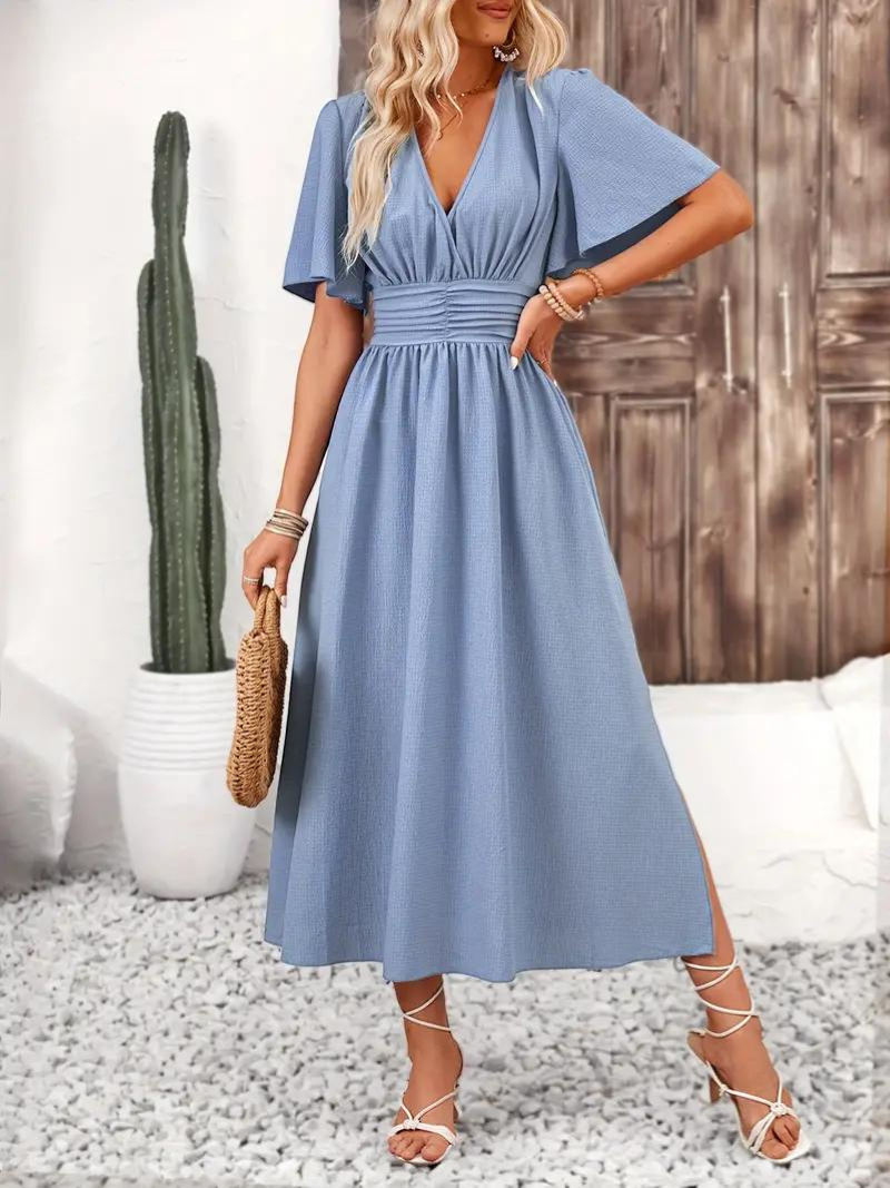 Arielle - Long Dress Short Sleeve V-Neck Maxi Sundress