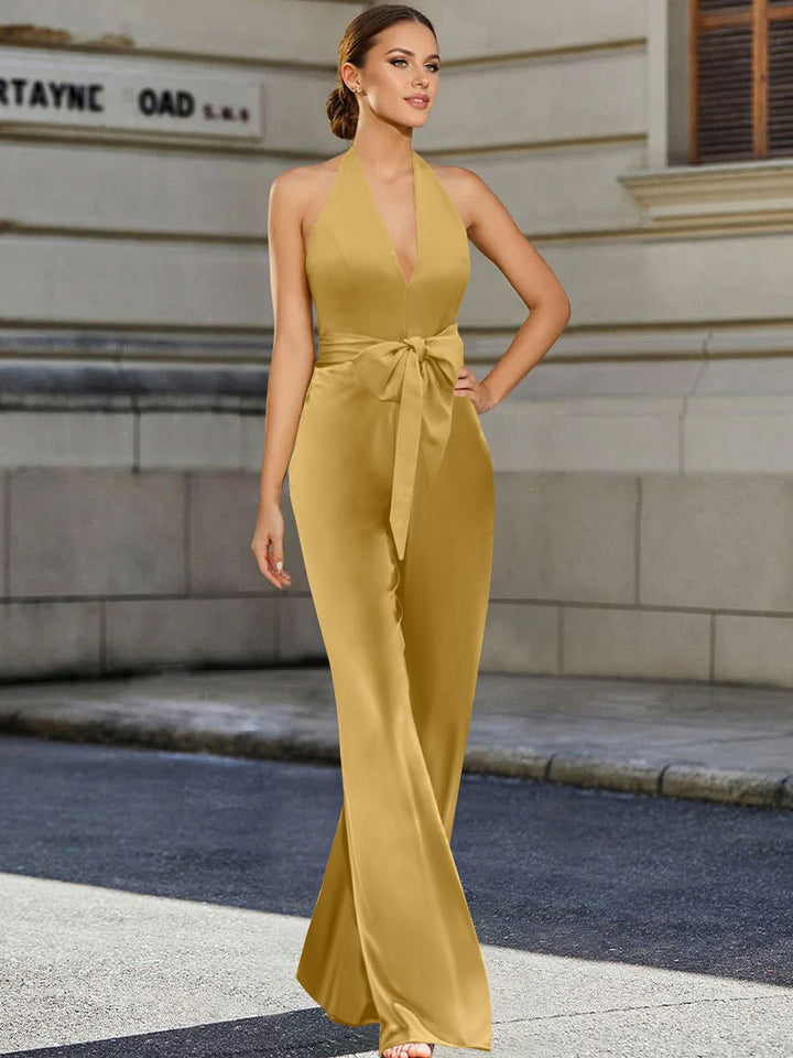 2 Piece V-Neck Sleeveless Floor Length Mother of the Bride Pantsuits with Bow Belt